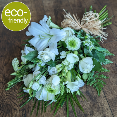 Eco-Funeral Tied Sheaf, Ivory, lay flat funeral flowers, biodegradable - A hand tied sheaf of flowers, beautifully presented in a modern style, suitable for laying at a funeral. Available in your choice of colours and suitable for a lady or gentleman.