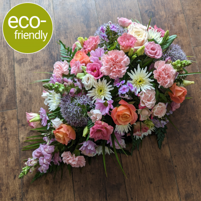 Eco-friendly Funeral Spray, Pastel, single ended, funeral flowers - A traditional single ended funeral spray, sometimes called a tear drop spray, beautifully arranged in biodegradable floral foam.  Fresh funeral flowers, Darlington