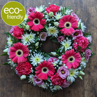 Eco-Funeral Wreath, Bright, traditional funeral flowers, fresh flowers - A traditional ring-shaped funeral tribute, beautifully arranged in biodegradable floral foam.. Eco-friendly funeral flowers, Darlington, fresh flowers, funeral tribute