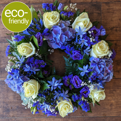 Eco-Funeral Wreath, Purple, floral tribute, funeral flowers, fresh - A traditional ring-shaped funeral tribute, beautifully arranged in biodegradable floral foam. Fresh funeral flowers, eco-friendly floral tributes, Funeral florist in Darlington