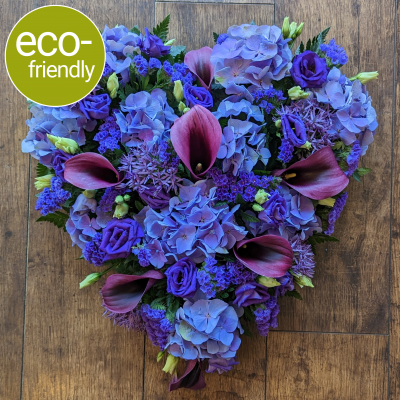 Eco-Funeral Heart, Purple, eco-friendly funeral tribute, fresh flowers - A heart shaped funeral tribute, beautifully arranged in biodegradable floral foam. Your tribute can be made in your choice of colours and suitable for a lady or gentleman.