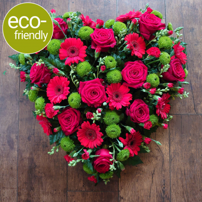 Eco-Funeral Heart, Vibrant, bright, eco-friendly funeral fresh flowers - A heart shaped funeral tribute, beautifully arranged in biodegradable floral foam. Eco-friendly funeral flowers in Darlington. Fresh funeral flowers, funeral tributes