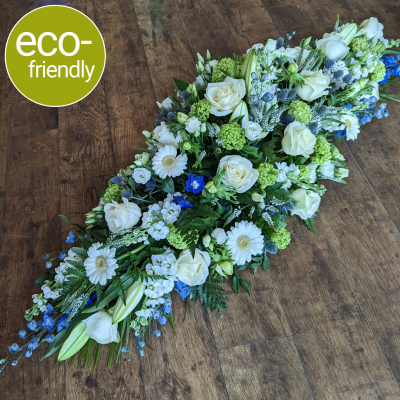 Eco-Double Ended Classic Coffin Spray, eco-friendly funeral flowers - A classic double ended funeral spray, sometimes called a coffin spray (to sit on top of the coffin), beautifully arranged in biodegradable floral foam. Funeral flowers Darlington