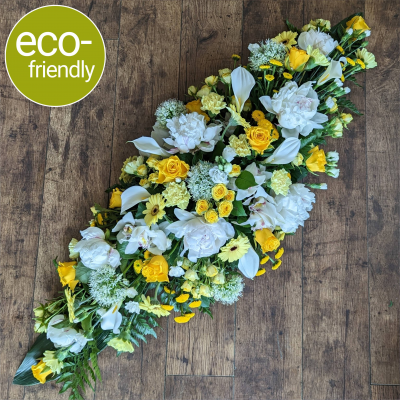 Eco-Double Ended Elegant Coffin Spray, eco-friendly funeral flowers - An elegant double ended funeral spray, sometimes called a coffin spray (to sit on top of the coffin), beautifully arranged in biodegradable floral foam. Eco-friendly florist