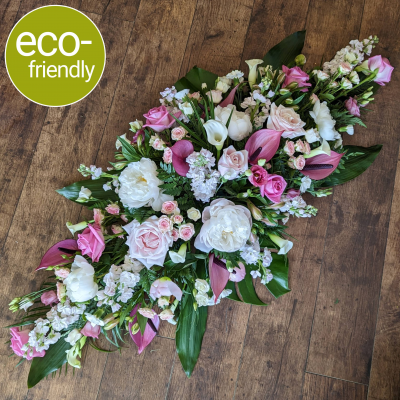 Eco-Double Ended Opulent Coffin Spray, eco-friendly funeral flowers - An opulent double ended funeral spray, sometimes called a coffin spray, beautifully arranged in biodegradable floral foam. Eco-friendly funeral flowers Darlington