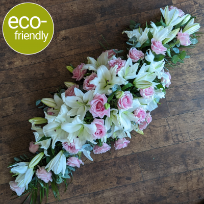 Eco-Double Ended Lily & Rose Coffin Spray, timeless funeral flowers - A traditional double ended funeral spray, sometimes called a coffin spray (to sit on top of the coffin), beautifully arranged. Our Lily & Rose Spray is a timeless classic.