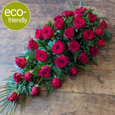 Eco-Funeral Rose Spray (Red), red rose funeral flowers, Darlington - A traditional single ended funeral spray, tear drop spray, beautifully arranged in biodegradable floral foam. Our red rose spray is a timeless classic eco-friendly, Darlington