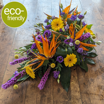 Exotic Eco-Friendly Funeral Spray, single ended spray (tear drop) - Exotic Eco-Friendly Funeral Sprays That Are as Beautiful as They Are Sustainable. Our eco-friendly funeral sprays are made with biodegradable floral foam and sustainable materials.
