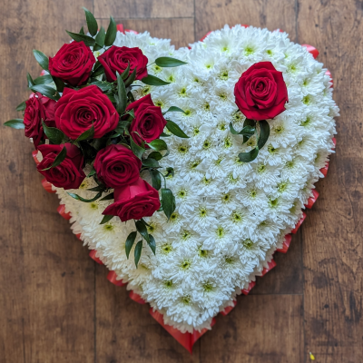 Traditional Funeral Heart - A Beautiful and Meaningful Funeral Tribute - A traditional funeral heart made with white chrysanthemums and red roses, symbolizing purity, love, and compassion. A beautiful and meaningful way to honour  a loved one.