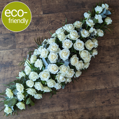 Eco-Double Ended Cream Rose Spray | Sustainable Funeral Tribute - Elegant eco-friendly cream rose spray made with biodegradable materials. Perfect for a lady or gentleman. Available in 3 sizes. We can deliver to your funeral director of choice.