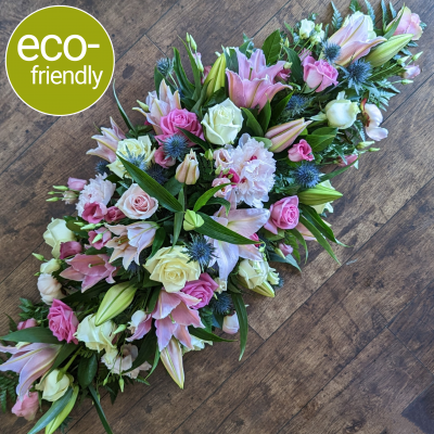 Eco-Double Ended Lily, Rose & Thistle Coffin Spray Sustainable Funeral - This elegant eco-friendly double ended lily, rose and thistle coffin spray is a beautiful and sustainable way to say goodbye. Delivered with care to your funeral director.
