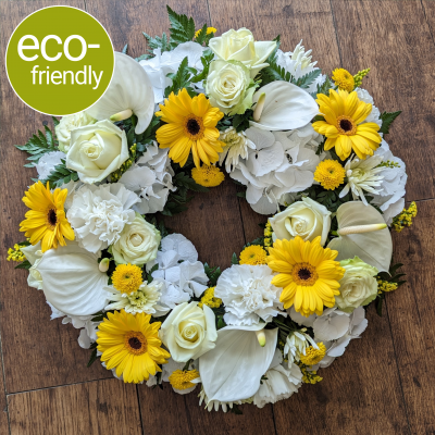 Eco-friendly funeral wreath, perfect for a sustainable send-off. - A thoughtful and sustainable way to say goodbye. This elegant eco-friendly wreath is made using biodegradable materials and is available in a variety of sizes | Darlington Florist