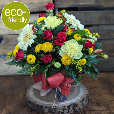 Eco-Friendly Hat Box, Vibrance: Florist's Choice Flowers (From £34.50) - Order a unique, vibrant, eco-friendly hat box arrangement filled with the freshest blooms, direct from our florist in Cockerton. Same day delivery or Click & Collect available.