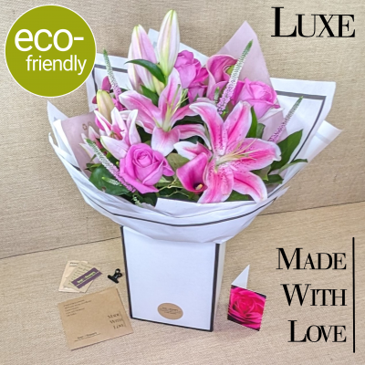 Luxe Blush: Eco-Loveliest, Local Florist in Darlington, Made With Love - Luxe Blush: Eco-loveliest. Soft pink blooms, hand-tied and presented in kind-to-the-planet packaging. Same-day delivery available. Hand Made With Love and delivered in Darlington.