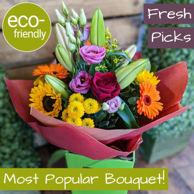Through the Rainbow Eco-friendly fresh flowers delivered in Darlington - Vibrant collection of special flowers, beautifully arranged and hand-tied  Through the Rainbow is a very versatile bouquet and is suitable for any occasion. Delivered in Darlington
