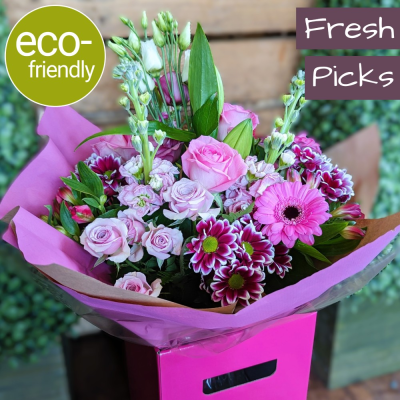 Pink Passion - Eco-friendly fresh flowers, bouquets delivered - This stunning collection of pink flowers beautifully arranged and hand-tied makes the perfect gift. Delivery in Darlington or Click and Collect from Cockerton