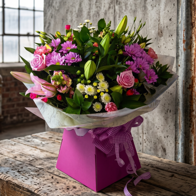 Ashleigh - A budding delight, complimented by greenery and presented in a gift box/bag. Beautiful flower bouquet hand delivered by the local florist.