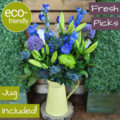 Florist Choice Eco-Friendly Joyful Jug, fresh flower arrangement - We’ll create you a unique, eco-friendly jug arrangement using only the freshest, most beautiful blooms of the day. Eco-friendly zinc jug, fresh flowers, Darlington florist.