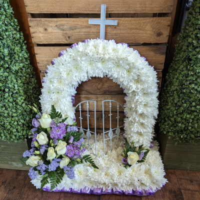 Gates of Heaven funeral tribute. Fresh flowers Darlington florist - A traditional white, freestanding Gates of Heaven funeral tribute. Funeral flowers Cockerton, Darlington, delivered. Fresh flower tributes, funeral flowers