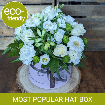 Neutral Hat Box Flowers | Florist Choice | Cockerton Delivery - Neutral hat box flowers, Florist Choice. Elegant, eco-friendly, reusable hat box. Hand-made in Cockerton. Same-day delivery. Order now! First for Flowers
