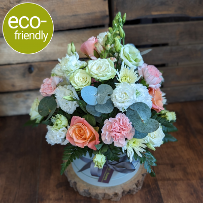 Eco-friendly Hat Box, A unique, pastel, fresh flower arrangement, Gift - Florist Choice Eco-Friendly Hat Box, Tranquillity: A unique, pastel, fresh flower arrangement, sure to bring a smile to your recipient's face. First for Flowers, Darlington Florist