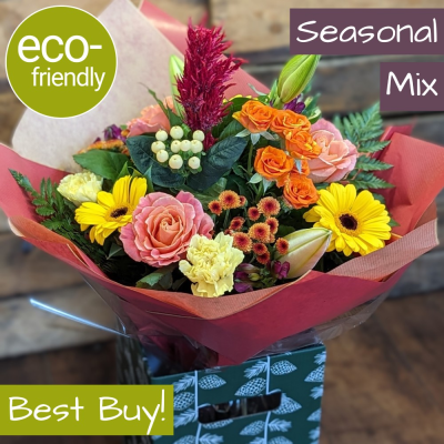 Autumnal Whispers, Eco-friendly, florist bouquet, delivery, Darlington - Autumnal Whispers: A seasonal bouquet of summer blooms and autumnal hues, delivered in eco-friendly packaging with same day delivery or Click and Collect available. Darlington