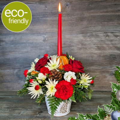 All I Want For Christmas, White & Gold Candle Arrangement | Darlington - Dreaming of a white Christmas? Our 'All I Want For Christmas' arrangement features fresh blooms in a reusable white & gold pot. Hand-crafted in Darlington. Order online.