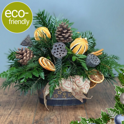 Merry Christmas Everyone Festive Centrepiece | Darlington Delivery - The perfect rustic Christmas gift! Our 'Merry Christmas Everyone' arrangement features dried fruit, pine cones & spruce in a reusable trough. Hand-crafted in Darlington.