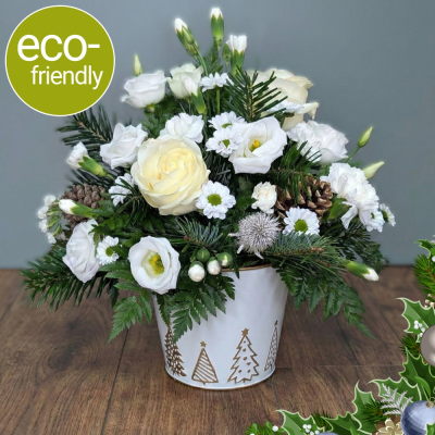 Let It Snow Festive Arrangement | First for Flowers Darlington - Let it snow! A stunning festive arrangement in a reusable white and gold pot. Hand-crafted with eco-friendly materials in Darlington.