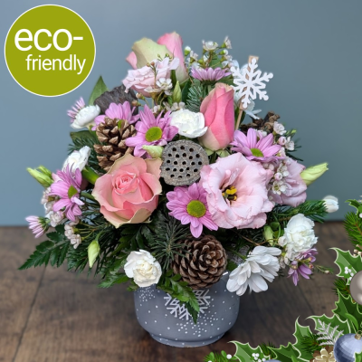Pastel Snowflake Pot | Christmas Centrepiece | Darlington - An elegant, understated Christmas gift. Soft pastel blooms arranged in a reusable grey snowflake pot. Eco-friendly & handmade in Darlington.
