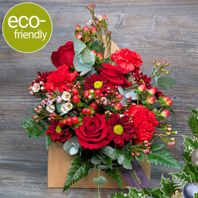 Jingle Bell Rock, Festive Envelope | First for Flowers - Jingle Bell, Jingle Bell Rock! Send our fun festive envelope arrangement featuring red roses and seasonal berries. Hand-crafted in Darlington.