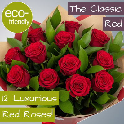 The Classic Red | Luxury 12 Red Rose Bouquet | First for Flowers - The quintessential romantic gesture. Our Classic Red bouquet features 12 luxury red roses in eco-friendly packaging. Perfect for anniversaries. Hand-delivered in Darlington.